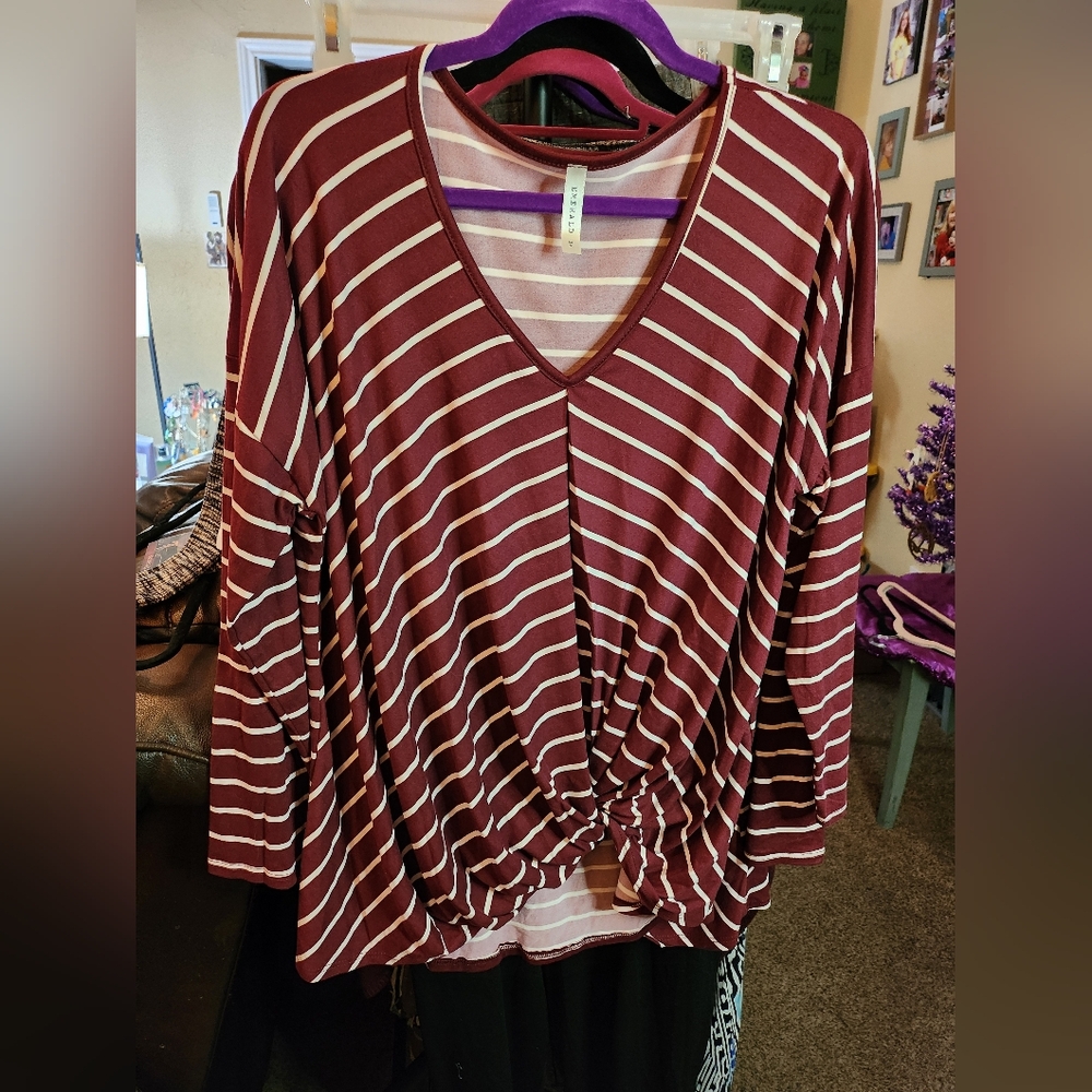 Nwot Emerald Burgundy and White Striped Long Sleeve Top